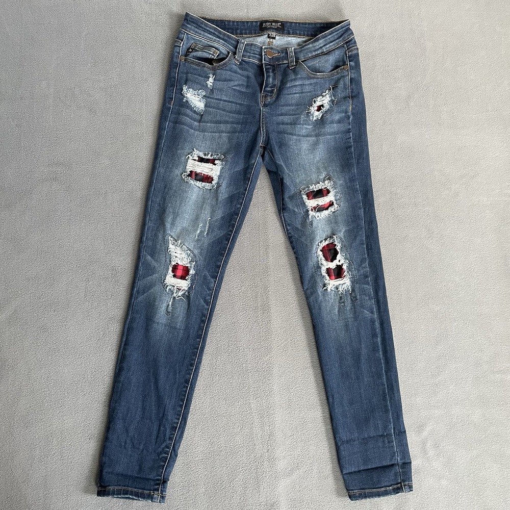 Size 7/28 Women's‎ Jeans Judy Blue Blue Skinny Stretch Red Buffalo Plaid Patch